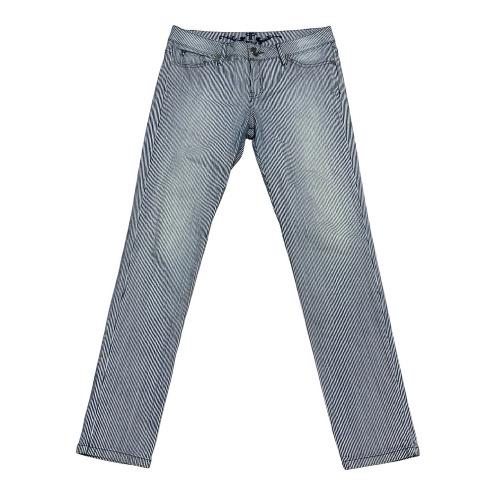 Studio F Striped Straight Leg Jeans Size 12 Blue White Stretch Made in Colombia